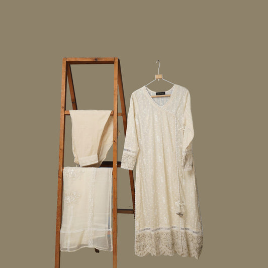 IVORY AFFAIR: Lawn Shirt White & off-white with Resham Machine Embroidery Patches